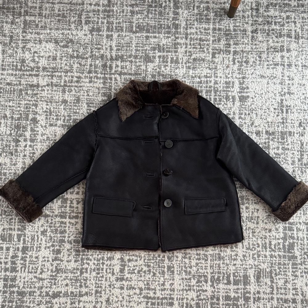 Barneys New York Black Pea Coat with Brown Fur Trim